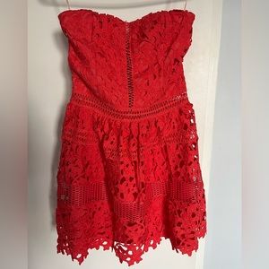 Crochet floral embroidered strapless flare dress Romeo+Juliet XS coral red